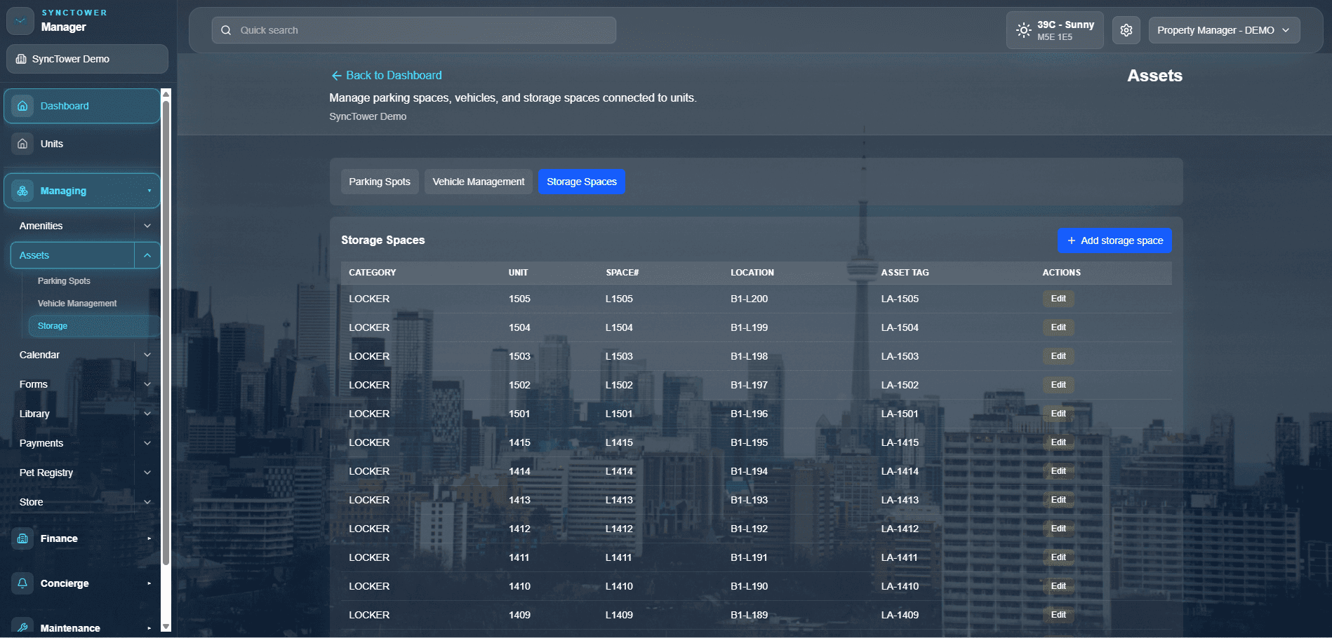SyncTower Assets & Parking — Storage spaces