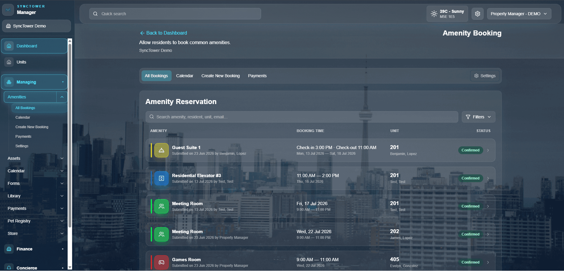 SyncTower Amenity Booking — All bookings